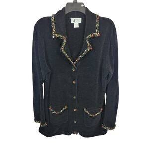 VTG J Two Black Embellished Jewel Chenille Knit Cardigan Sweater Womens Size XL